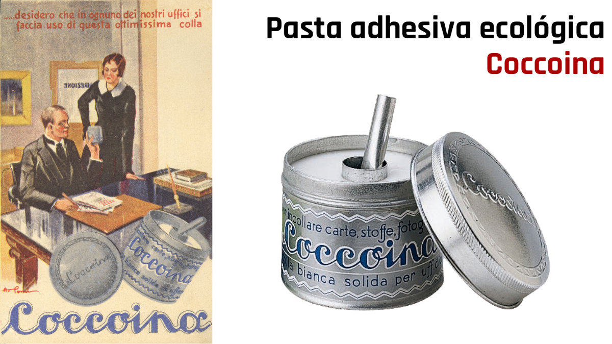 Pasta adhesiva Coccoina y cartel publicitario de la compañía